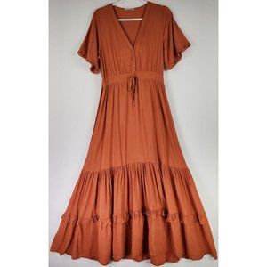 R Vivimos Dress Womens Large Orange V Neck 1/4 Button Tiered Short Sleeve Maxi